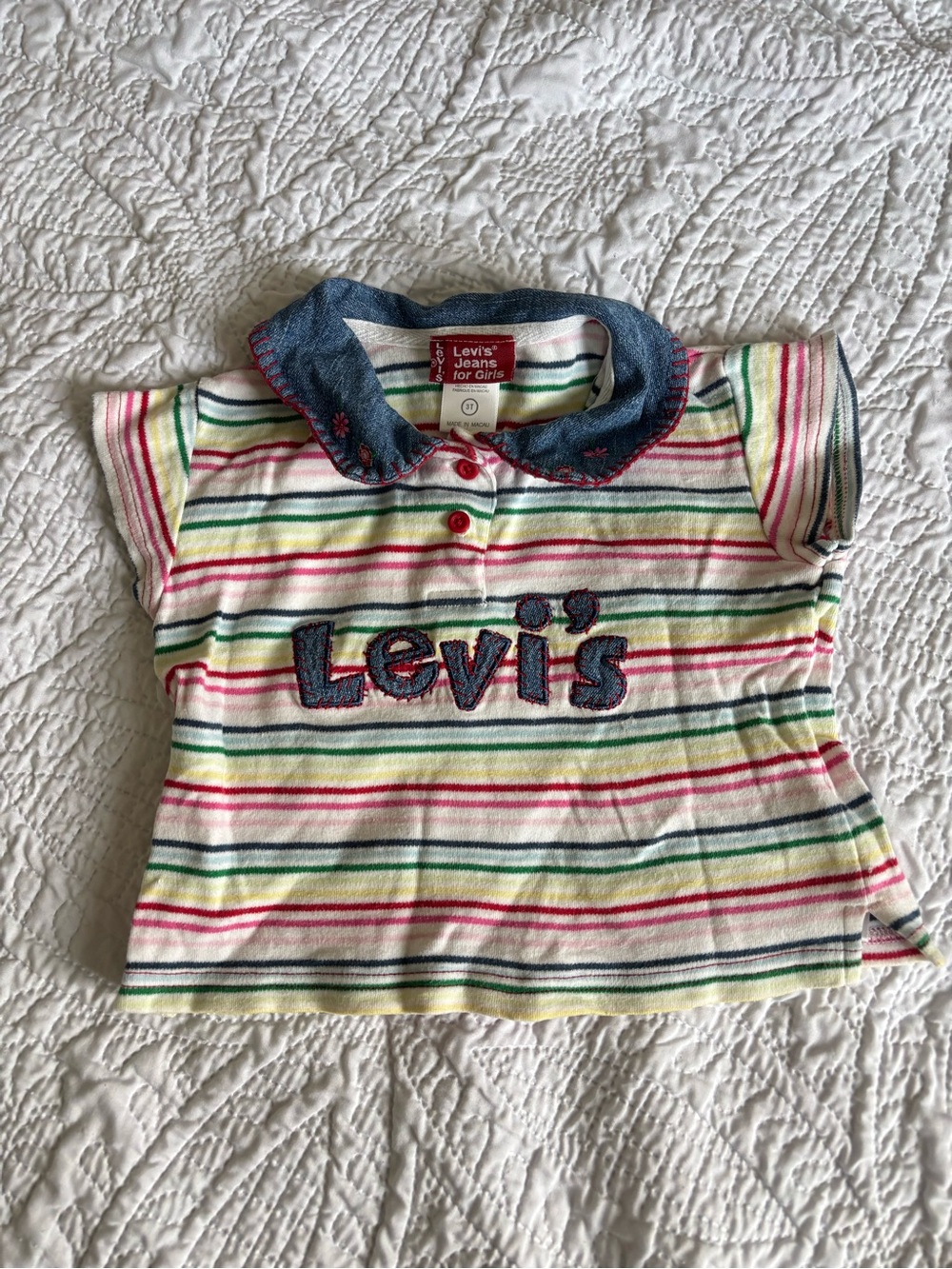 Vintage Y2K  Girls Striped Polo with Denim Collar - Embroidered Multi Color